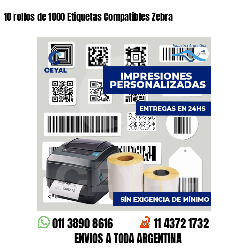 10 rollos de 1000 Etiquetas Compatibles Zebra 