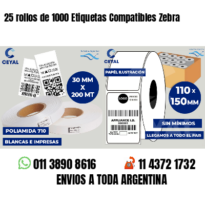 25 rollos de 1000 Etiquetas Compatibles Zebra 