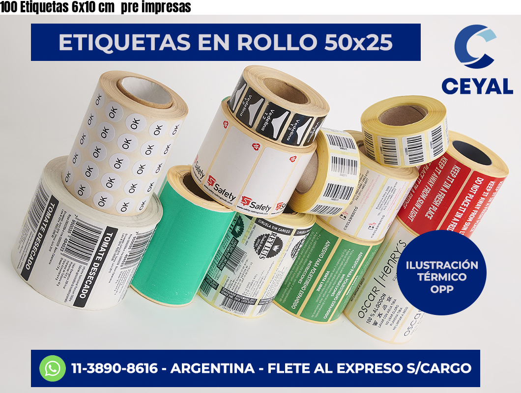 100 Etiquetas 6×10 cm  pre impresas