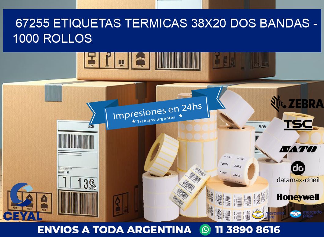 67255 ETIQUETAS TERMICAS 38X20 DOS BANDAS – 1000 ROLLOS