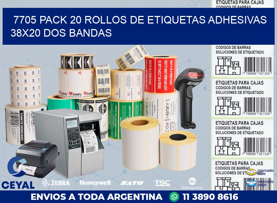 7705 PACK 20 ROLLOS DE ETIQUETAS ADHESIVAS 38X20 DOS BANDAS