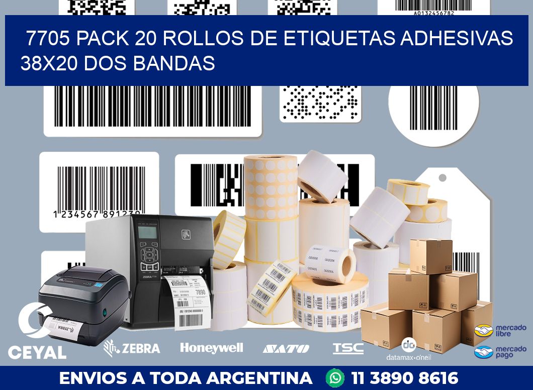 7705 PACK 20 ROLLOS DE ETIQUETAS ADHESIVAS 38X20 DOS BANDAS