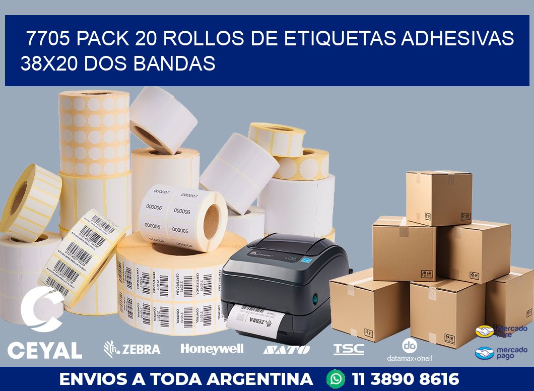 7705 PACK 20 ROLLOS DE ETIQUETAS ADHESIVAS 38X20 DOS BANDAS