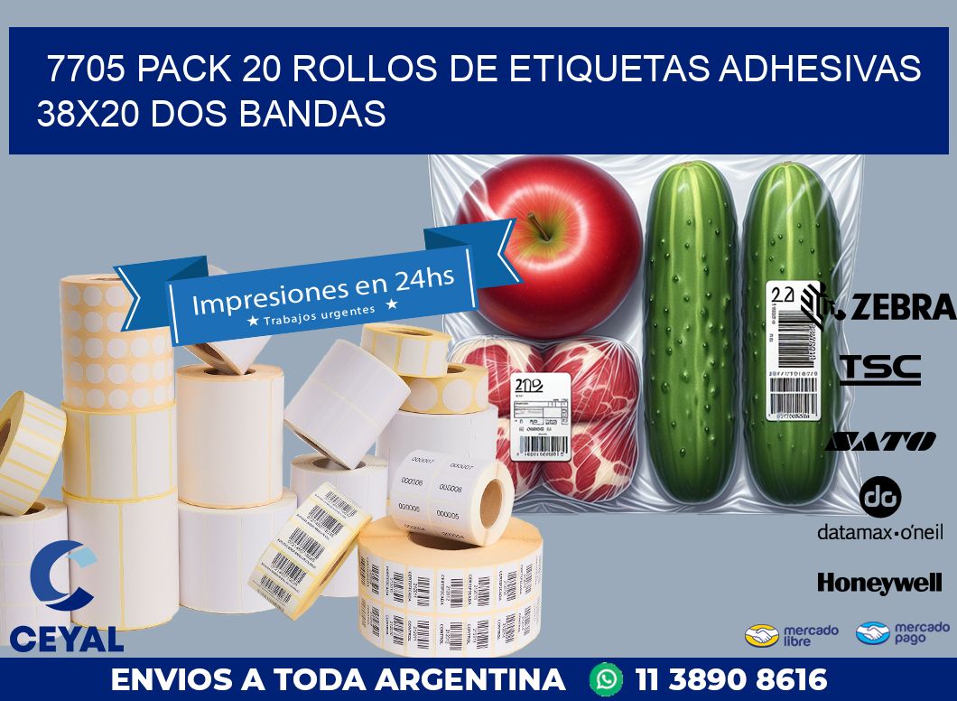 7705 PACK 20 ROLLOS DE ETIQUETAS ADHESIVAS 38X20 DOS BANDAS
