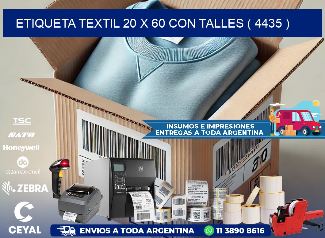 ETIQUETA TEXTIL 20 X 60 CON TALLES ( 4435 )