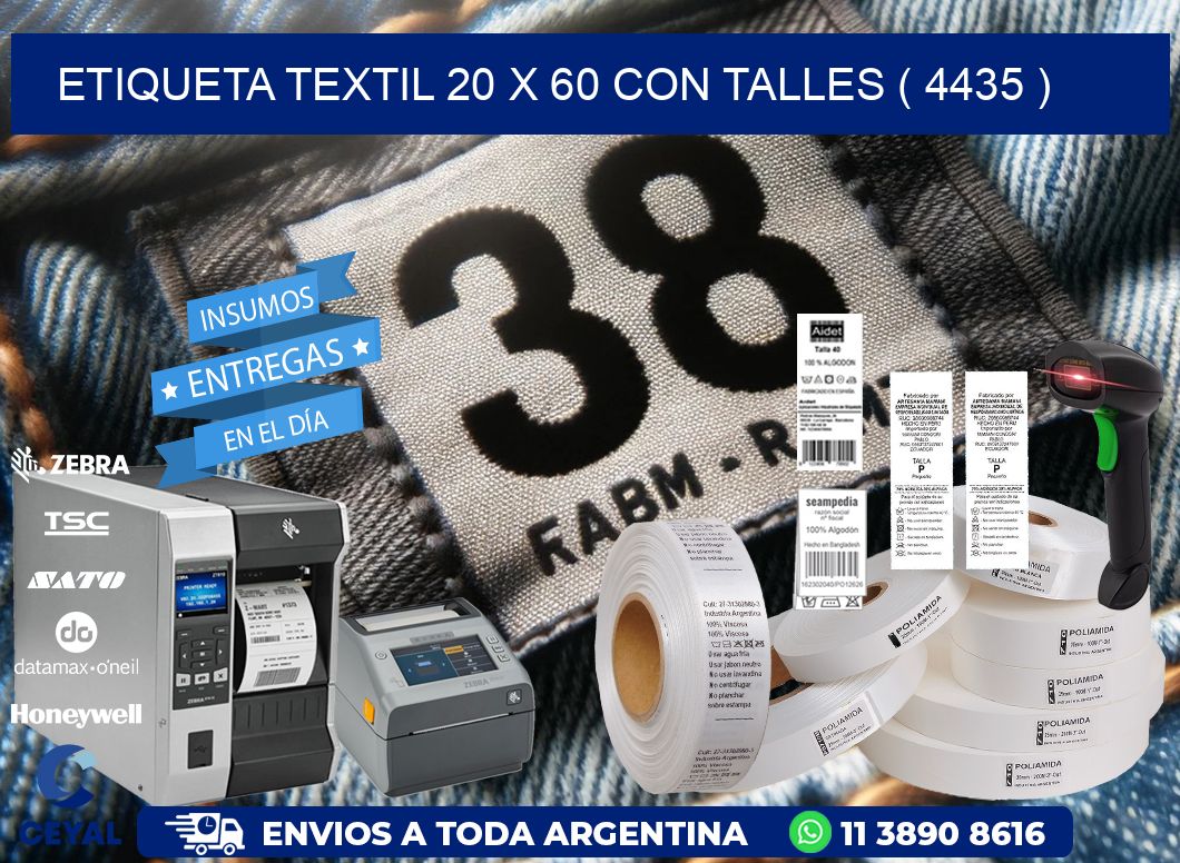 ETIQUETA TEXTIL 20 X 60 CON TALLES ( 4435 )