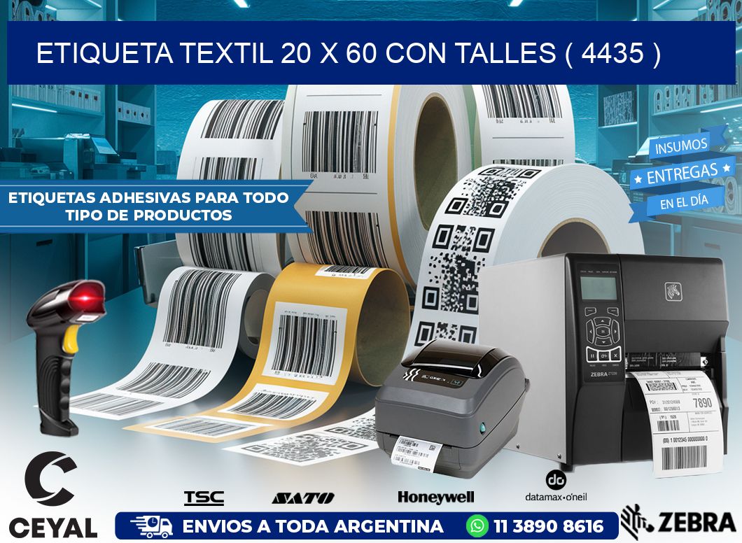 ETIQUETA TEXTIL 20 X 60 CON TALLES ( 4435 )