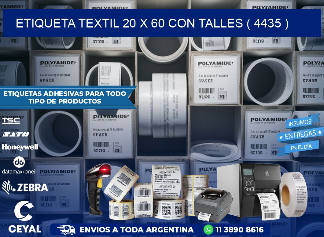 ETIQUETA TEXTIL 20 X 60 CON TALLES ( 4435 )