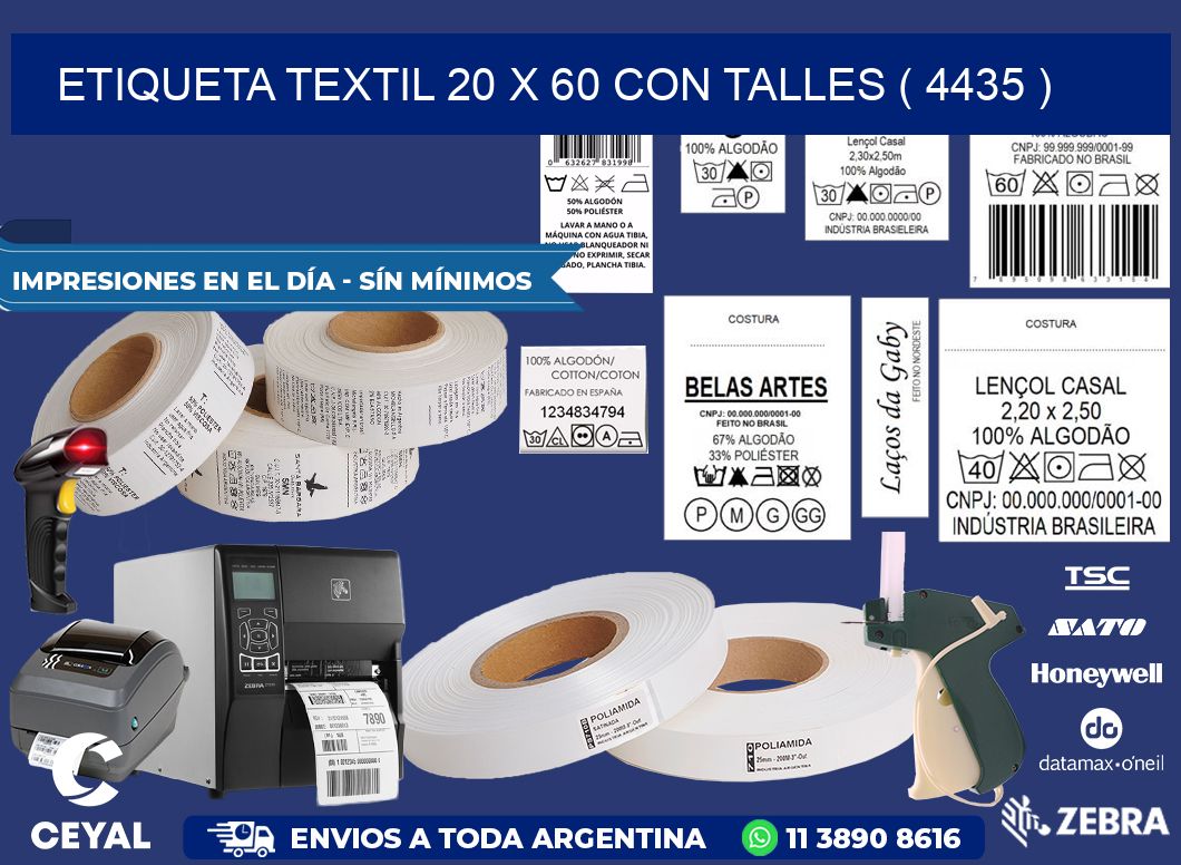 ETIQUETA TEXTIL 20 X 60 CON TALLES ( 4435 )