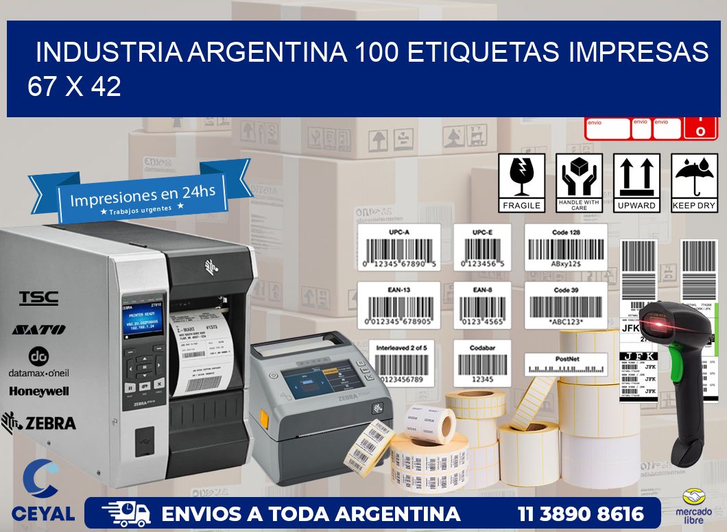 INDUSTRIA ARGENTINA 100 ETIQUETAS IMPRESAS  67 x 42