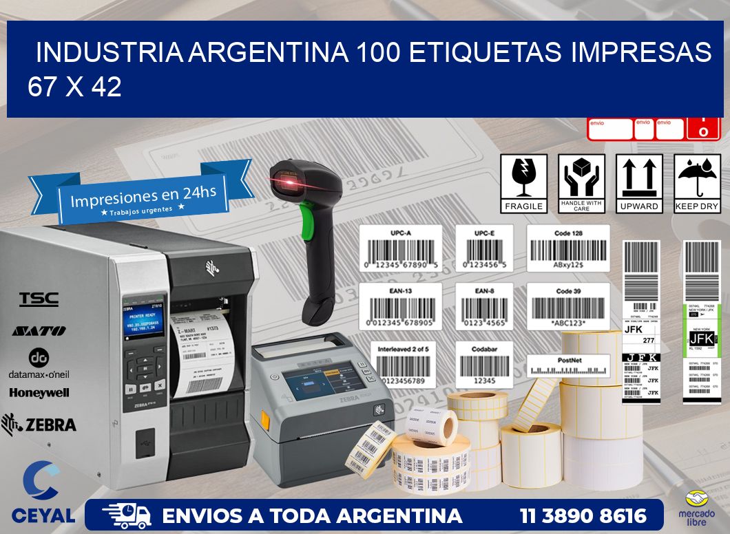 INDUSTRIA ARGENTINA 100 ETIQUETAS IMPRESAS  67 x 42