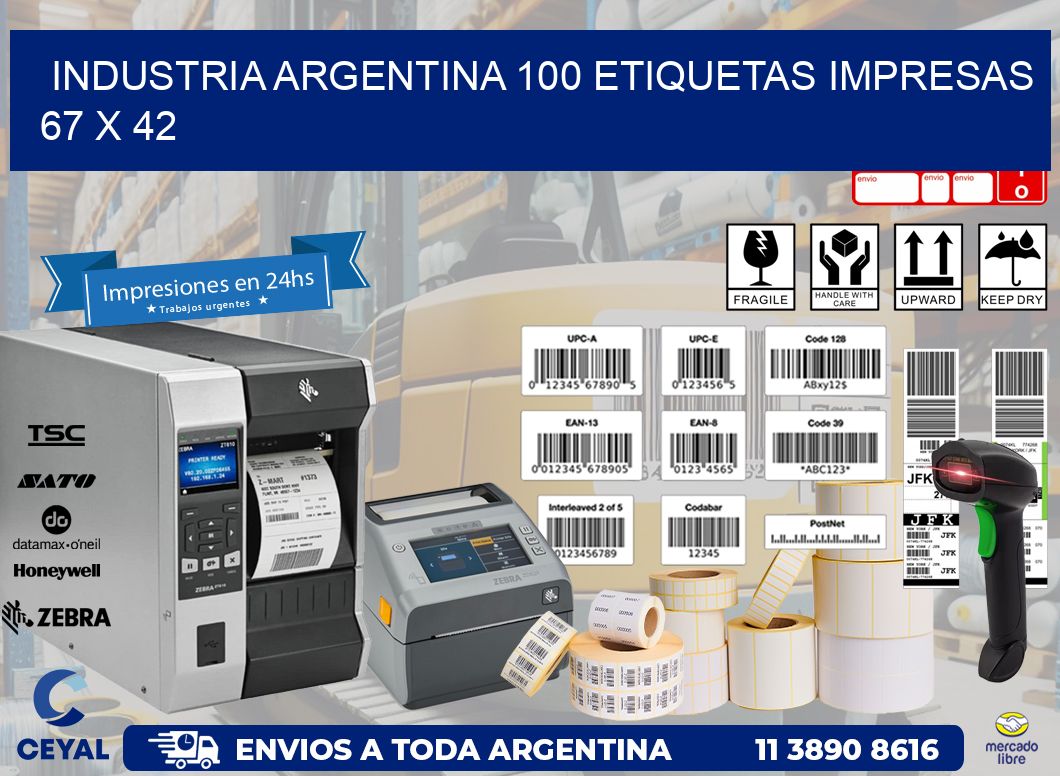 INDUSTRIA ARGENTINA 100 ETIQUETAS IMPRESAS  67 x 42