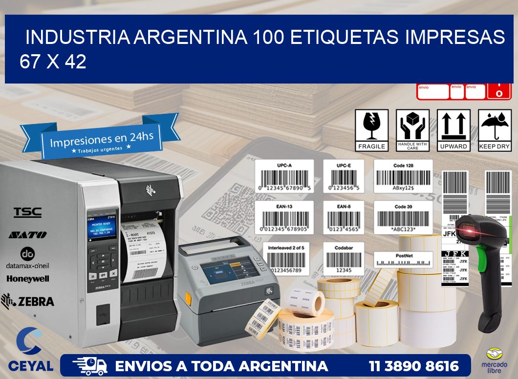 INDUSTRIA ARGENTINA 100 ETIQUETAS IMPRESAS  67 x 42