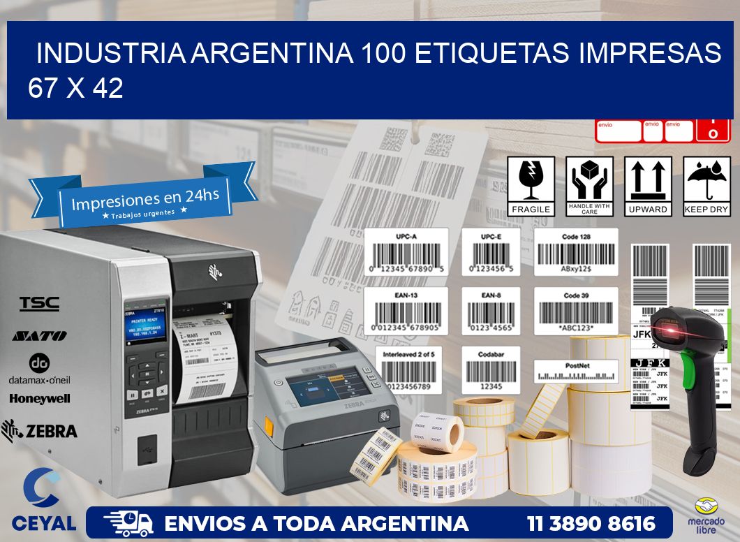 INDUSTRIA ARGENTINA 100 ETIQUETAS IMPRESAS  67 x 42