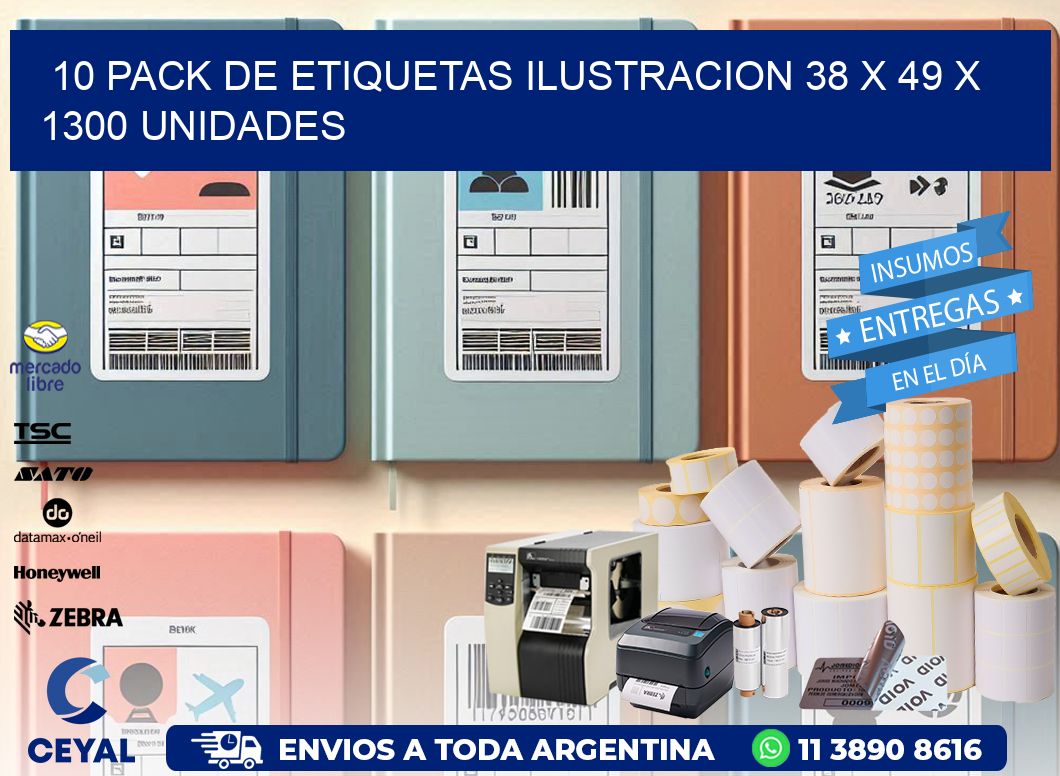 10 PACK DE ETIQUETAS ILUSTRACION 38 x 49 X 1300 UNIDADES