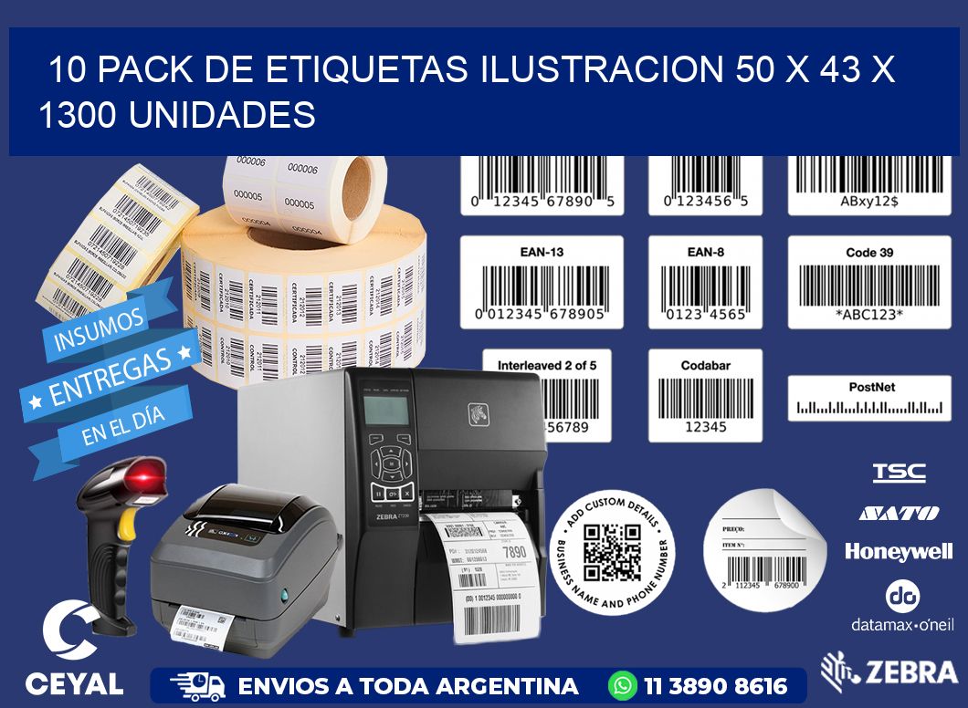 10 PACK DE ETIQUETAS ILUSTRACION 50 x 43 X 1300 UNIDADES