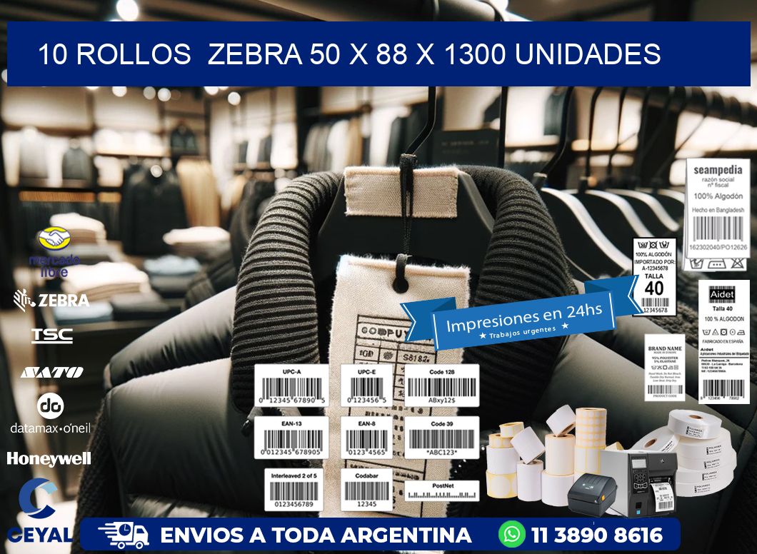 10 ROLLOS  ZEBRA 50 x 88 X 1300 UNIDADES