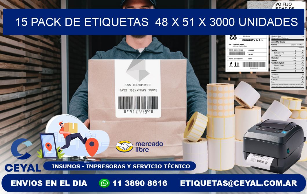 15 PACK DE ETIQUETAS  48 x 51 X 3000 UNIDADES