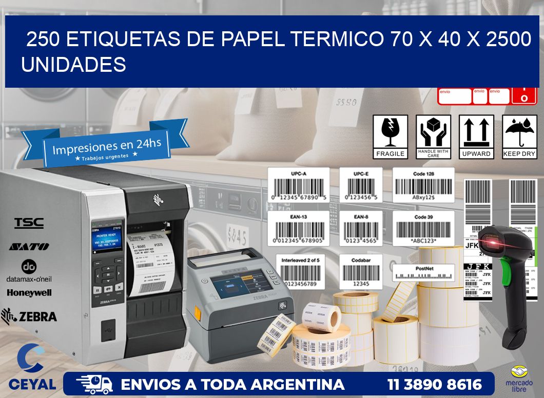 250 ETIQUETAS DE PAPEL TERMICO 70 x 40 X 2500 UNIDADES