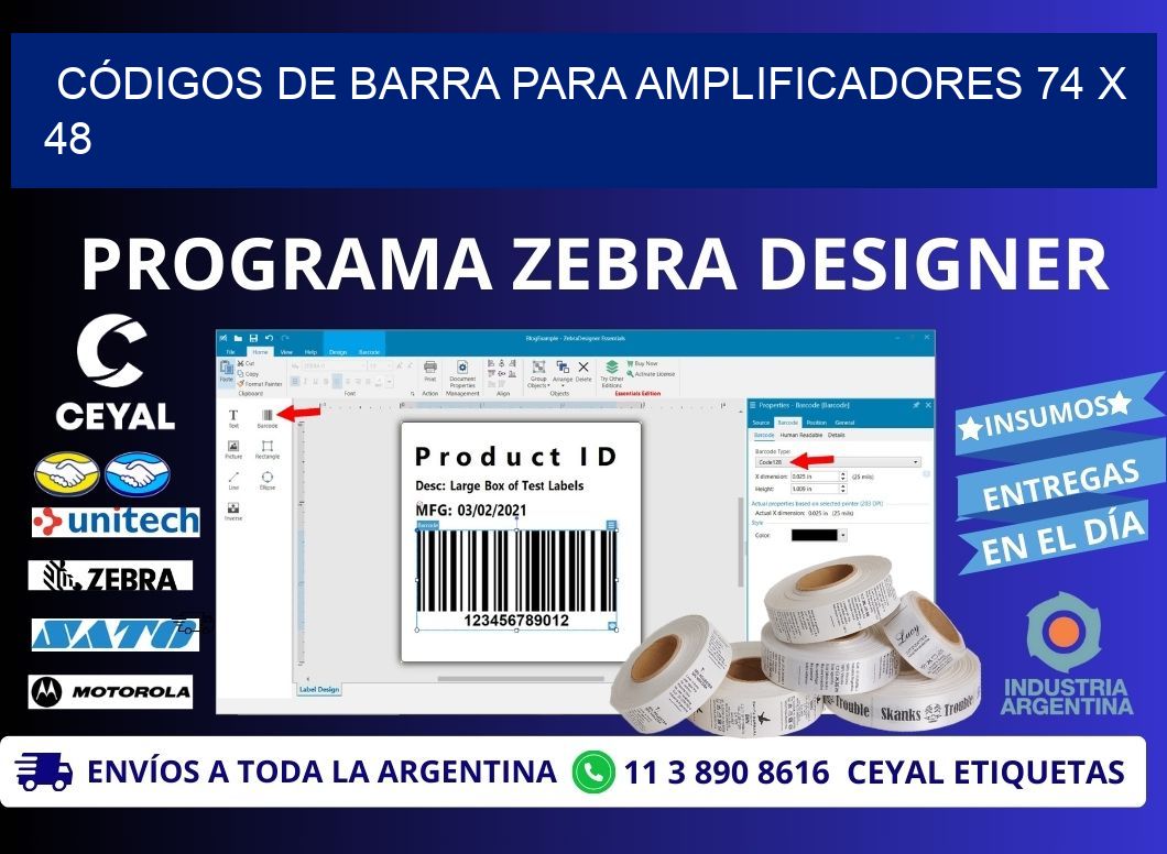 CÓDIGOS DE BARRA PARA AMPLIFICADORES 74 x 48
