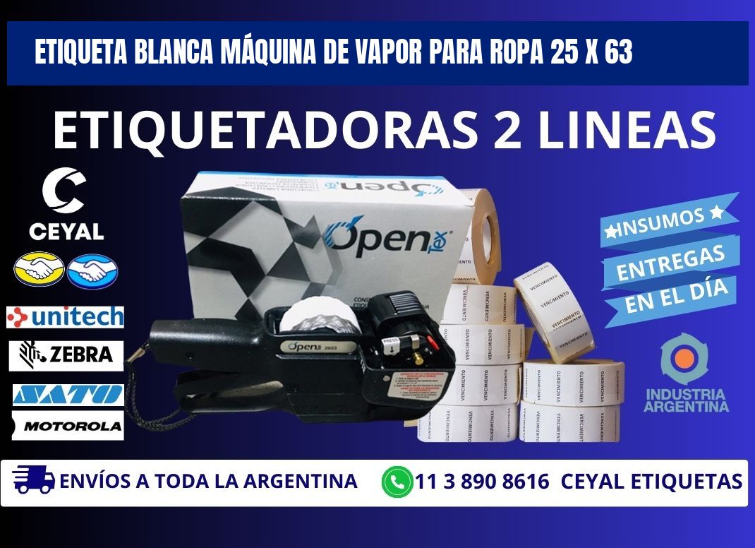 ETIQUETA BLANCA MÁQUINA DE VAPOR PARA ROPA 25 x 63