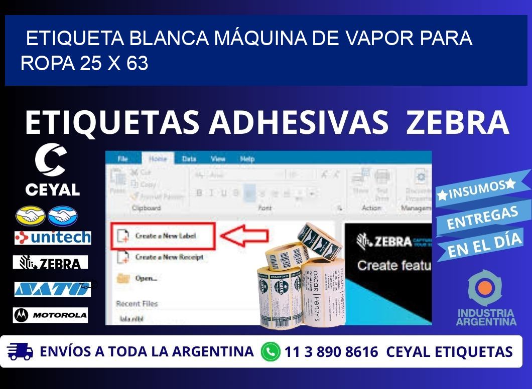 ETIQUETA BLANCA MÁQUINA DE VAPOR PARA ROPA 25 x 63