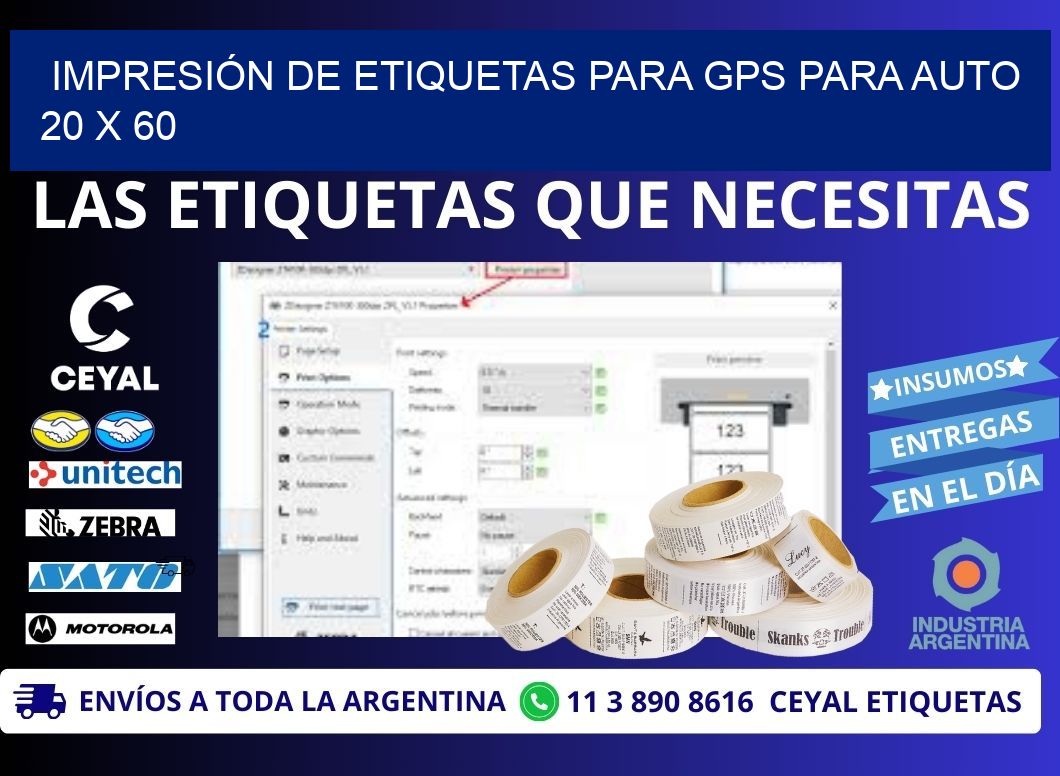 IMPRESIÓN DE ETIQUETAS PARA GPS PARA AUTO 20 x 60