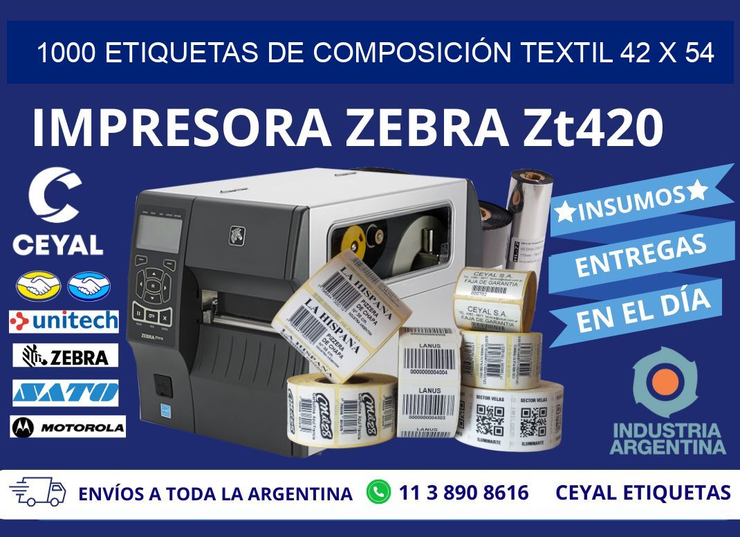 1000 ETIQUETAS DE COMPOSICIÓN TEXTIL 42 x 54