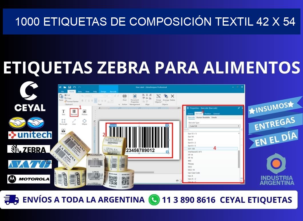1000 ETIQUETAS DE COMPOSICIÓN TEXTIL 42 x 54