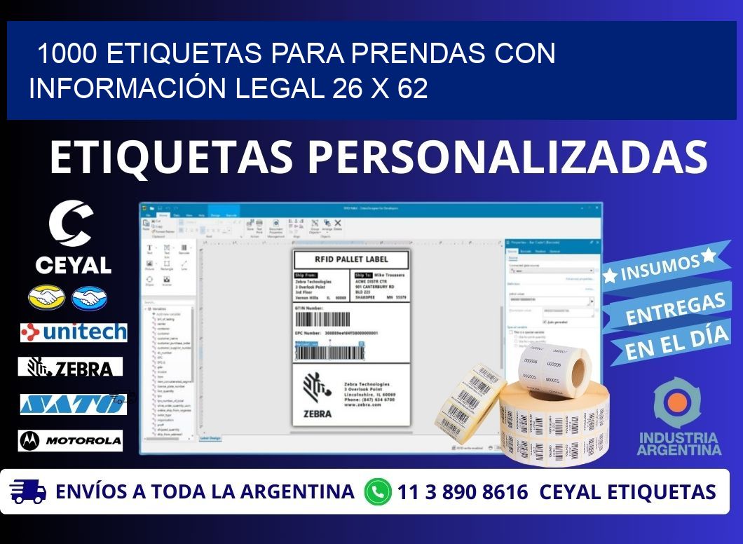 1000 ETIQUETAS PARA PRENDAS CON INFORMACIÓN LEGAL 26 x 62