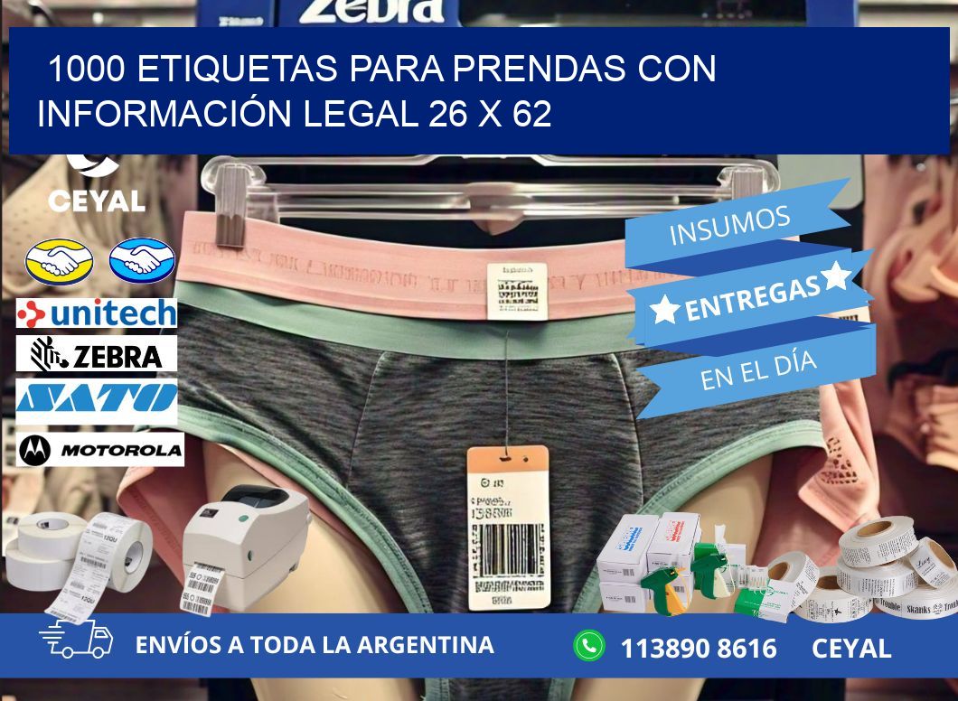 1000 ETIQUETAS PARA PRENDAS CON INFORMACIÓN LEGAL 26 x 62