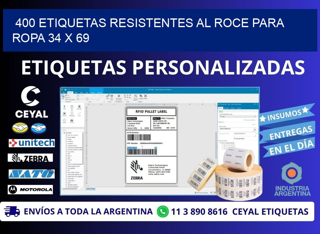 400 ETIQUETAS RESISTENTES AL ROCE PARA ROPA 34 x 69