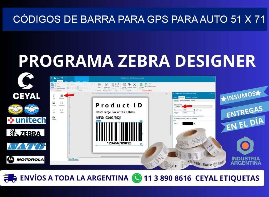 CÓDIGOS DE BARRA PARA GPS PARA AUTO 51 x 71