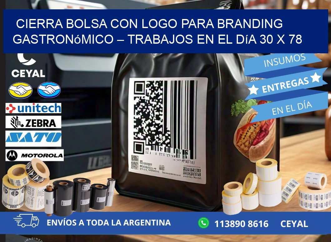 Cierra bolsa con logo para branding gastronómico – Trabajos en el día 30 x 78