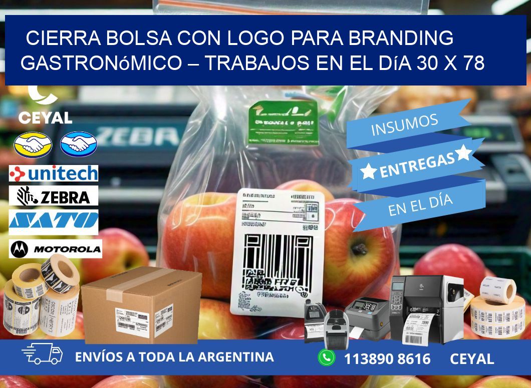 Cierra bolsa con logo para branding gastronómico – Trabajos en el día 30 x 78