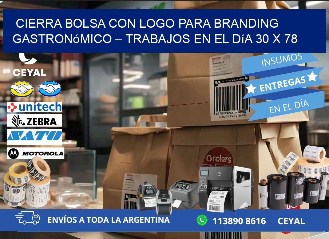 Cierra bolsa con logo para branding gastronómico – Trabajos en el día 30 x 78