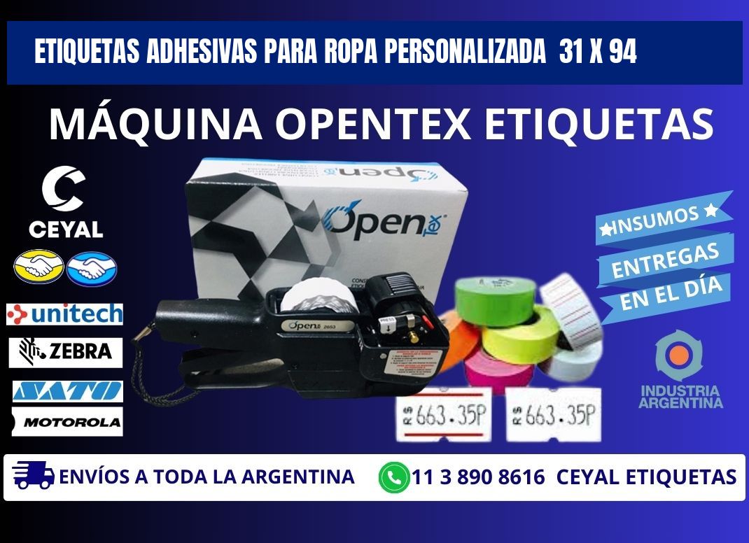 ETIQUETAS ADHESIVAS PARA ROPA PERSONALIZADA  31 x 94