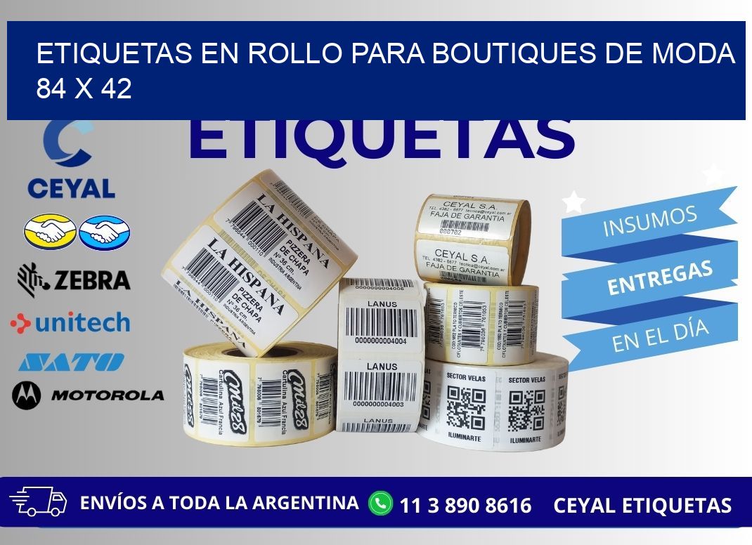 ETIQUETAS EN ROLLO PARA BOUTIQUES DE MODA  84 x 42