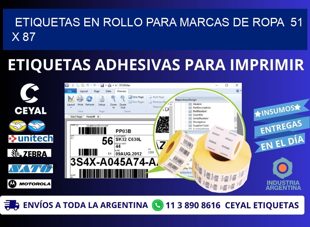 ETIQUETAS EN ROLLO PARA MARCAS DE ROPA  51 x 87
