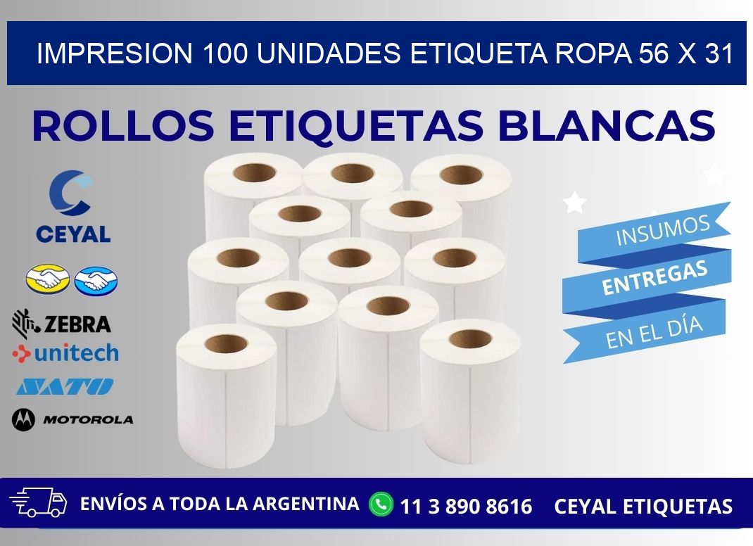 IMPRESION 100 UNIDADES ETIQUETA ROPA 56 x 31