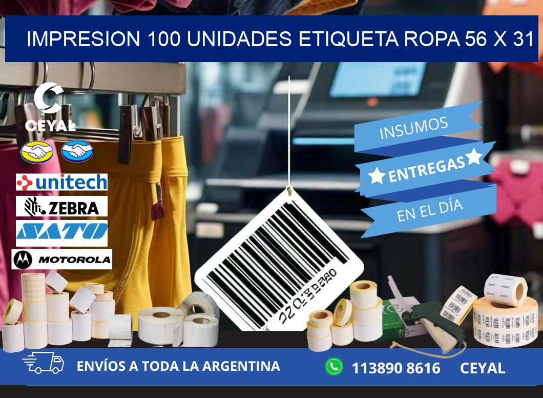 IMPRESION 100 UNIDADES ETIQUETA ROPA 56 x 31