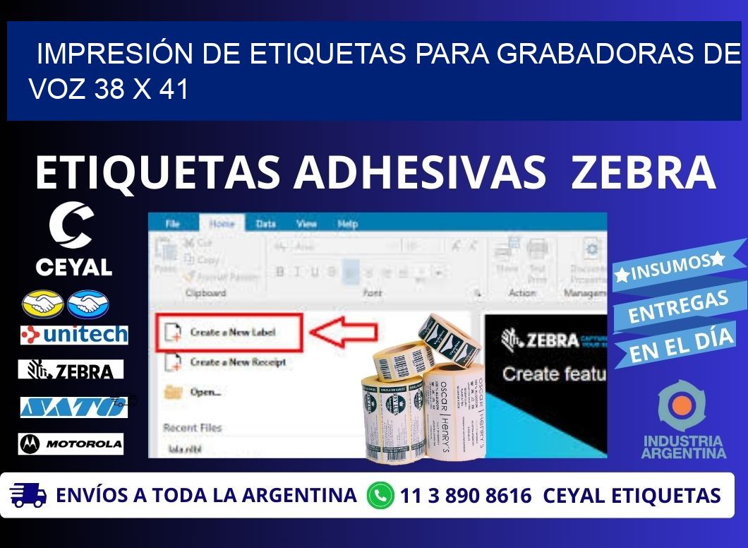 IMPRESIÓN DE ETIQUETAS PARA GRABADORAS DE VOZ 38 x 41