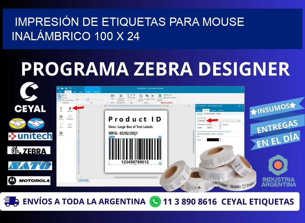 IMPRESIÓN DE ETIQUETAS PARA MOUSE INALÁMBRICO 100 x 24