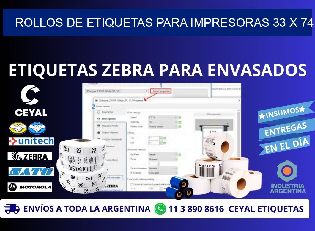 ROLLOS DE ETIQUETAS PARA IMPRESORAS 33 x 74