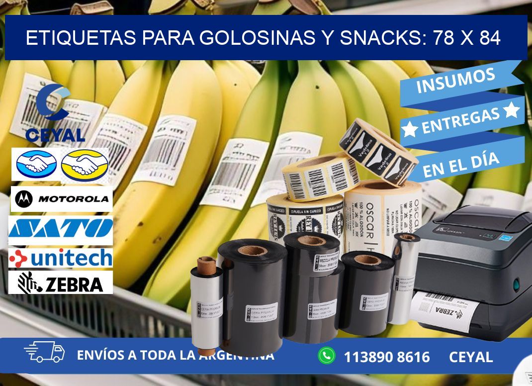 ETIQUETAS PARA GOLOSINAS Y SNACKS: 78 x 84
