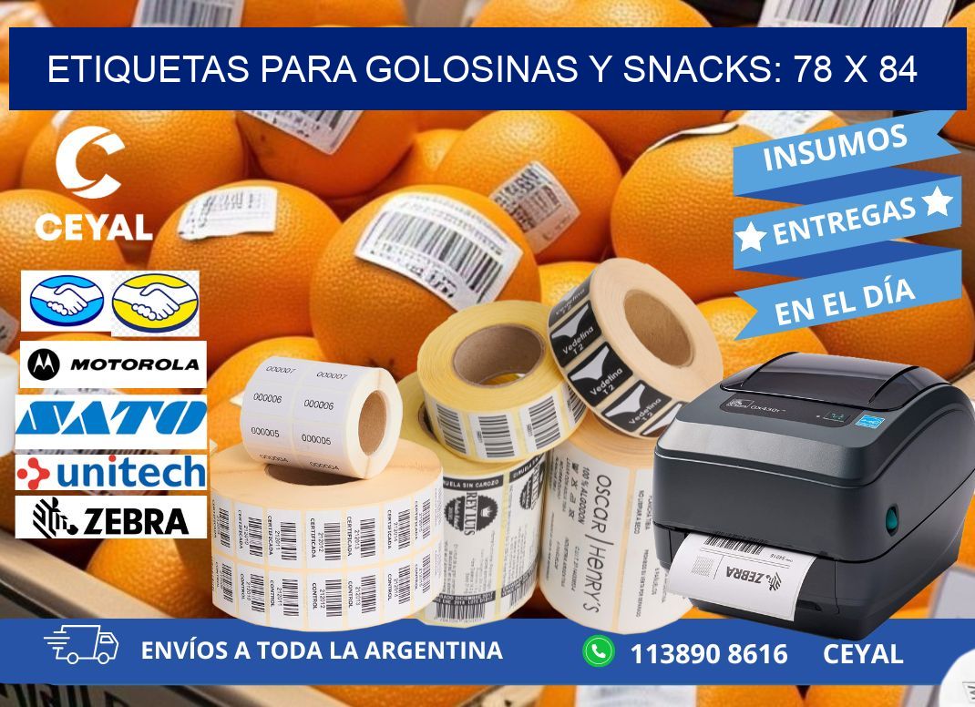 ETIQUETAS PARA GOLOSINAS Y SNACKS: 78 x 84