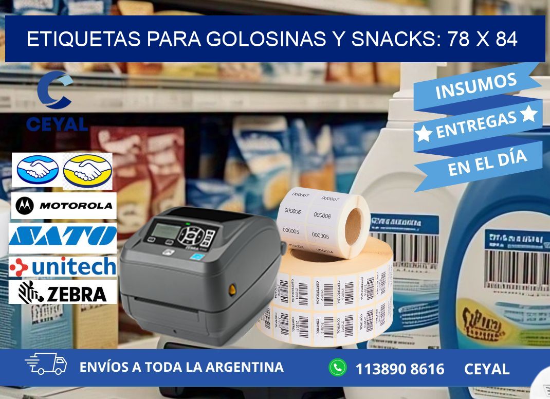 ETIQUETAS PARA GOLOSINAS Y SNACKS: 78 x 84