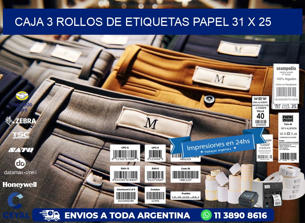CAJA 3 ROLLOS DE ETIQUETAS PAPEL 31 x 25