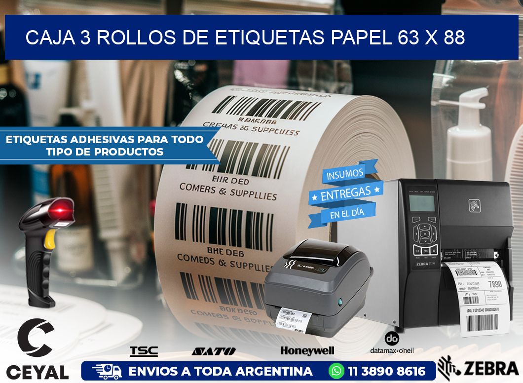 CAJA 3 ROLLOS DE ETIQUETAS PAPEL 63 x 88