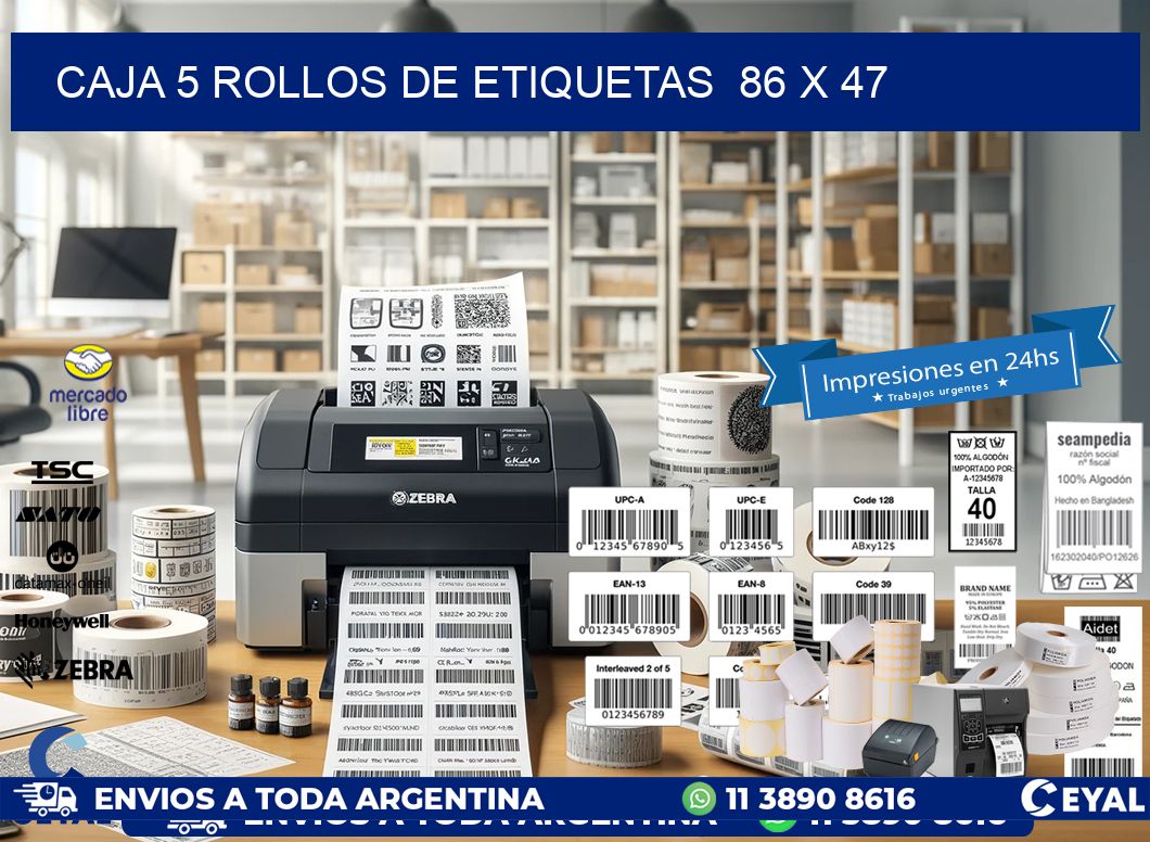 CAJA 5 ROLLOS DE ETIQUETAS  86 x 47